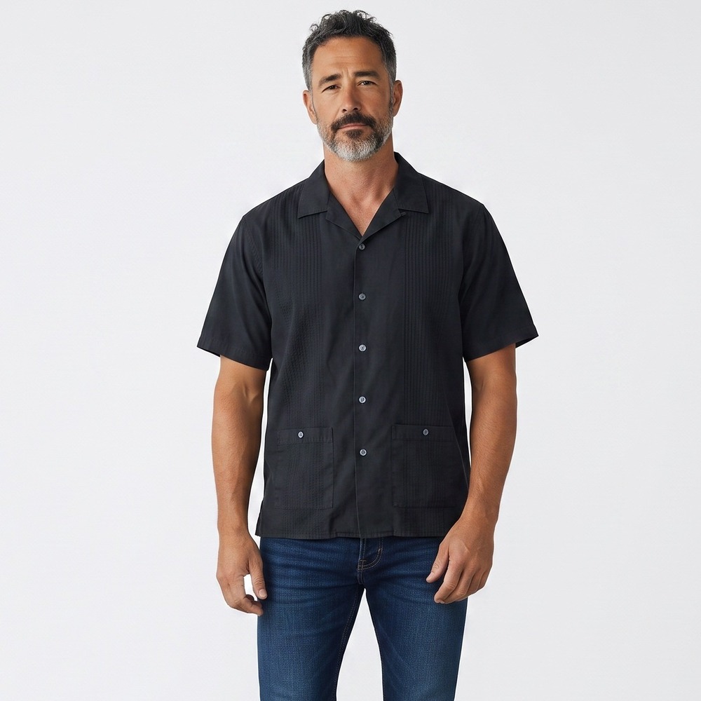 Pusser's West Indies Mens XL Black Silk Cotton Guayabera Short Sleeve Shirt